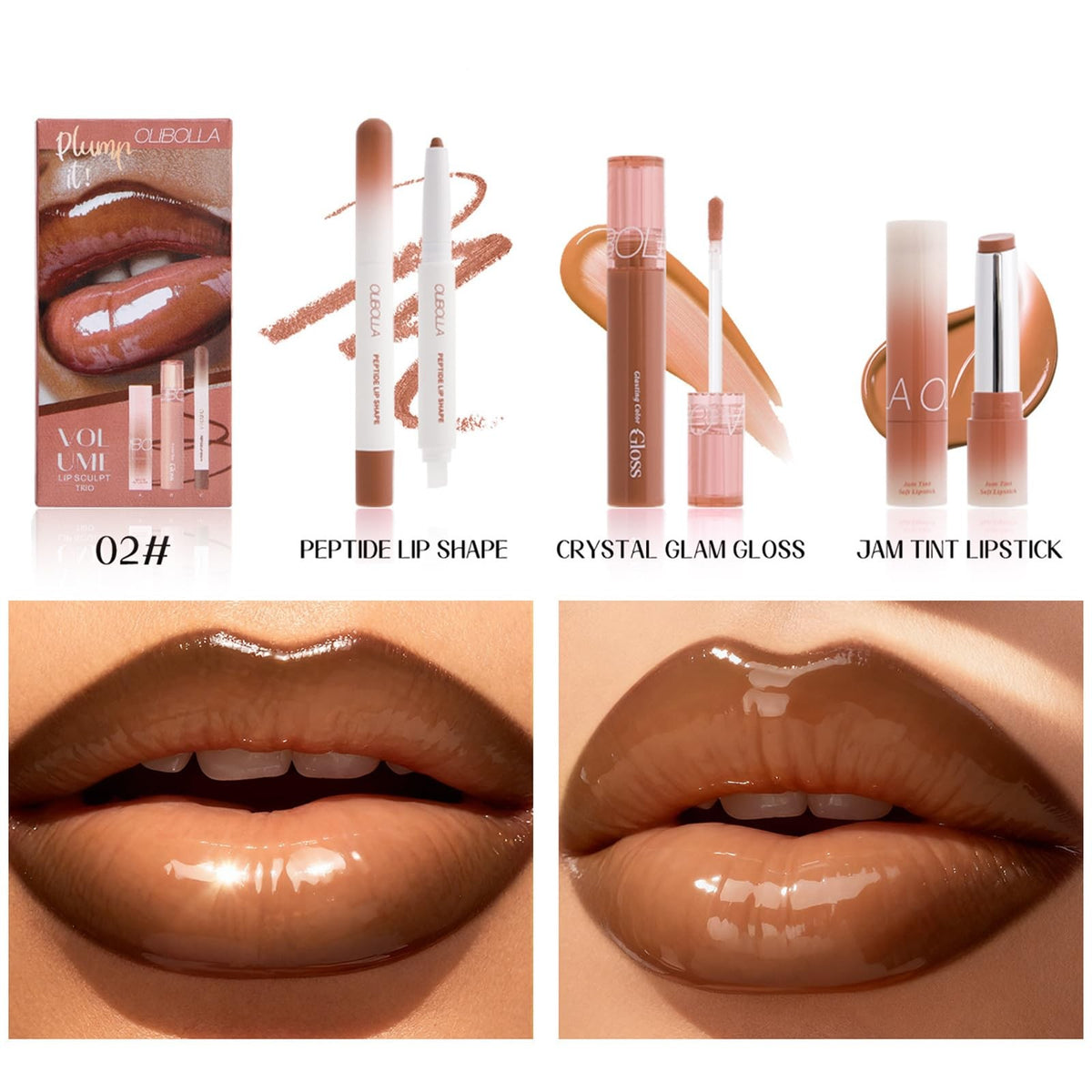 Lip Makeup Set with Lip Liner, Lip Gloss & Nourishing Lip Balm - Brown Tones