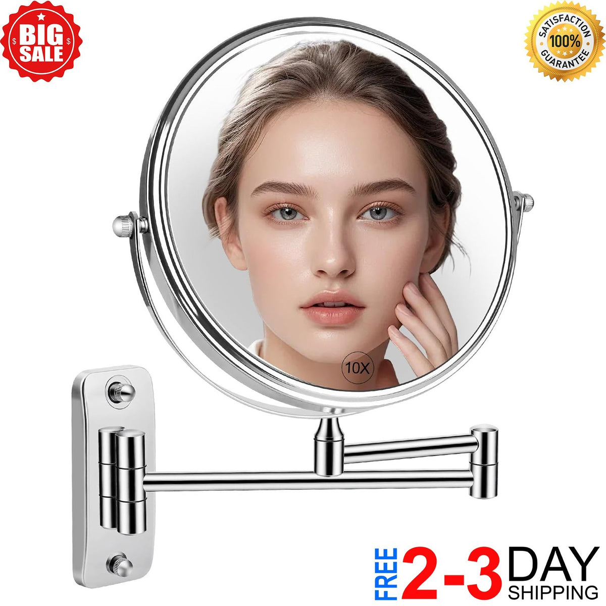 Wall Mount 10X Magnifying Makeup Mirror with 360° Rotation and Telescoping Arm