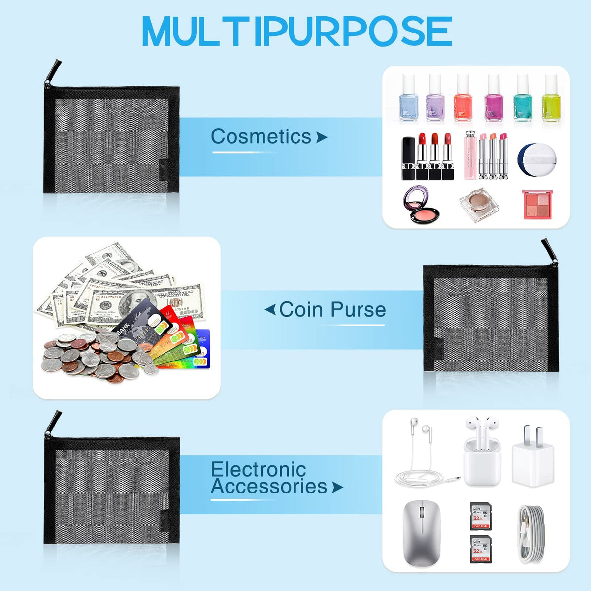 Mini Mesh Zipper Pouch Set - Portable Coin and Cosmetic Organizer, 6 Pieces