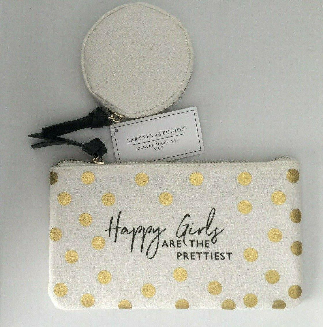 Gold Polka Dot Canvas Cosmetic Pouch Set - 2 Pieces Travel & Makeup Bag