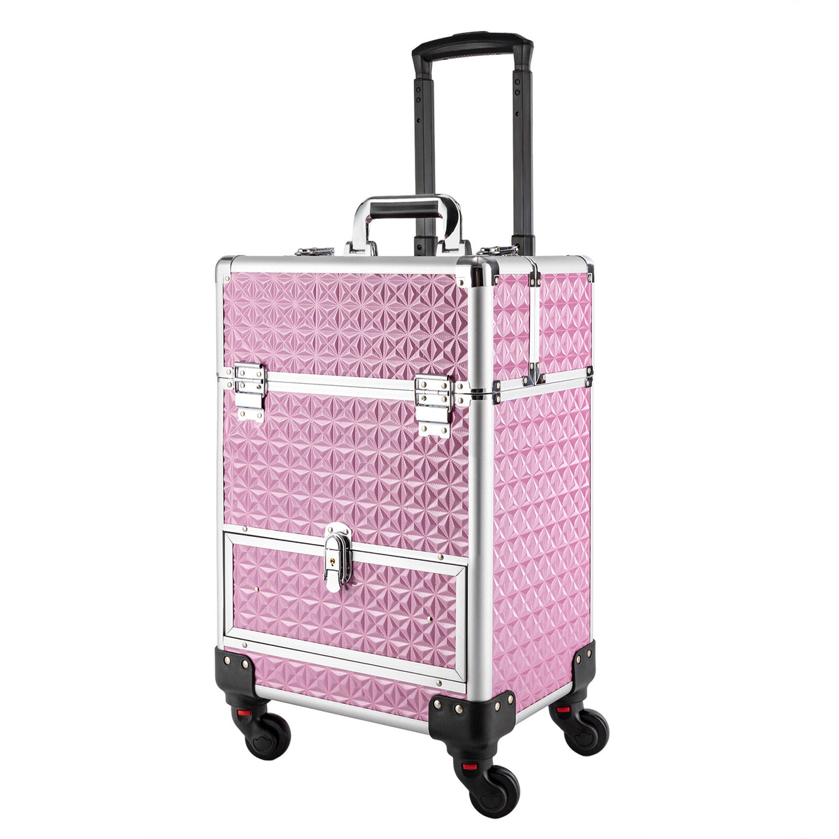 Rolling Makeup Train Case with 7 Compartments and Lockable Drawers
