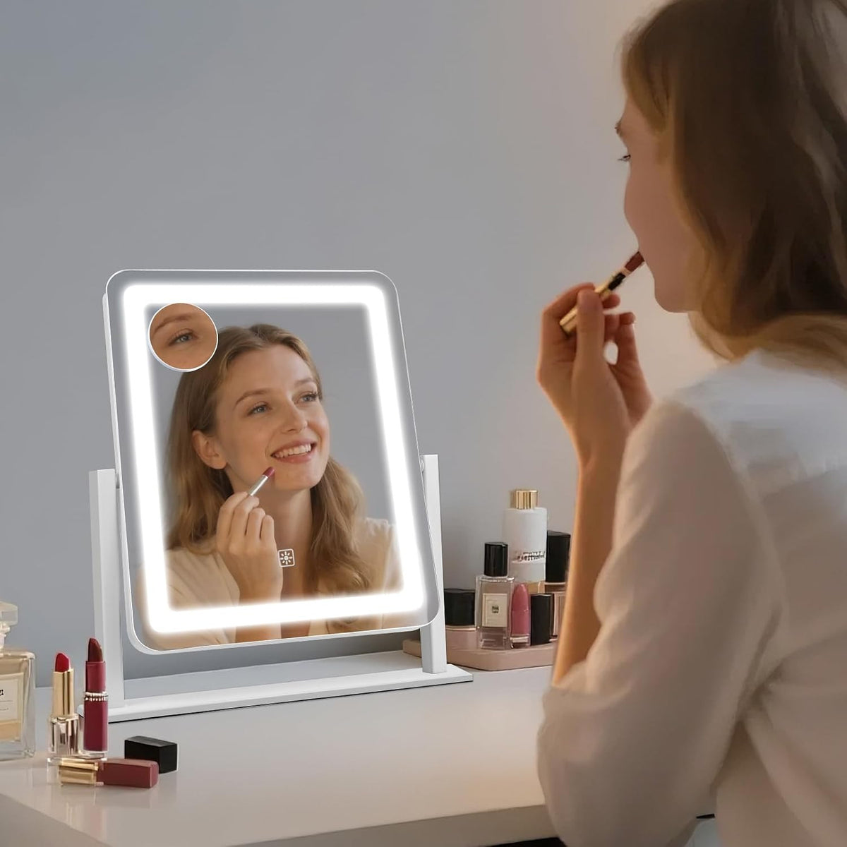 Large LED Makeup Mirror with Lights, 15x12.2 Inch Dimmable Vanity Mirror with 3 Color Modes & 360° Rotation