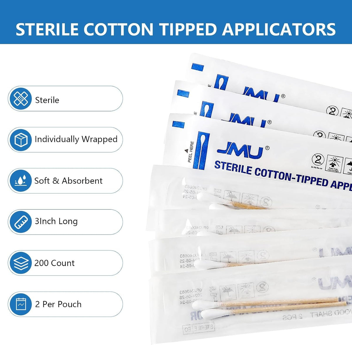 Sterile Cotton Swabs 3 Inch Medical Wood Shaft Applicators - 200 Count