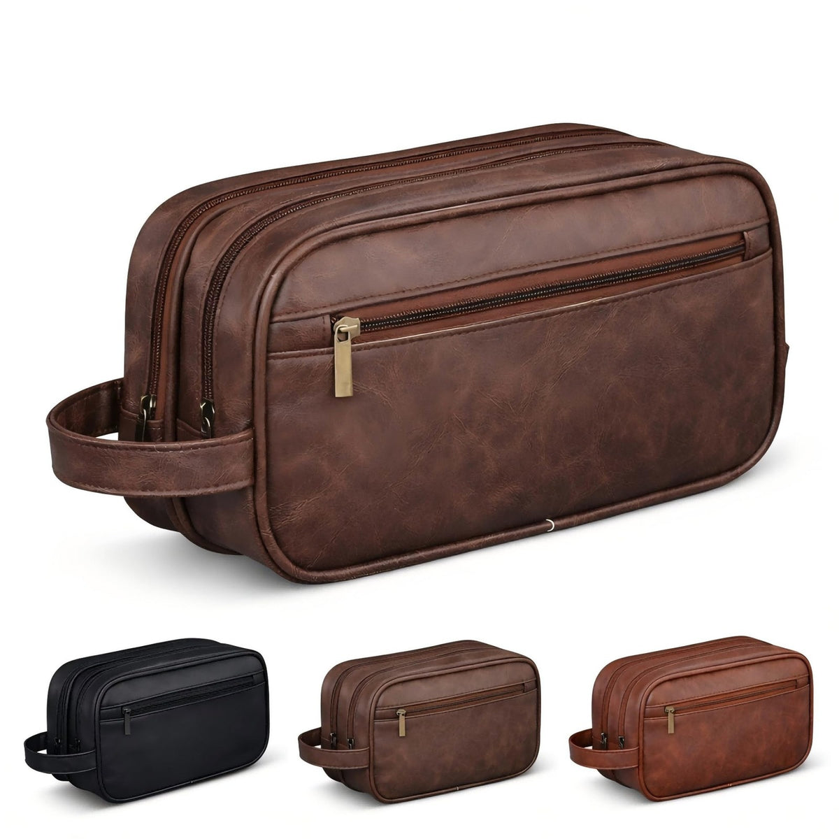 Men's Travel Toiletry Bag Leather Waterproof Shaving Organizer - Large Capacity