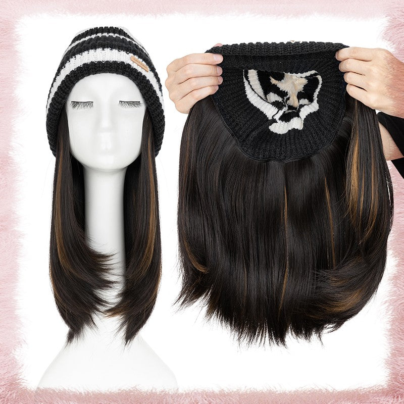 Women Knitted Wavy Wig Winter Beanie Hat - Long Curly Synthetic Hair