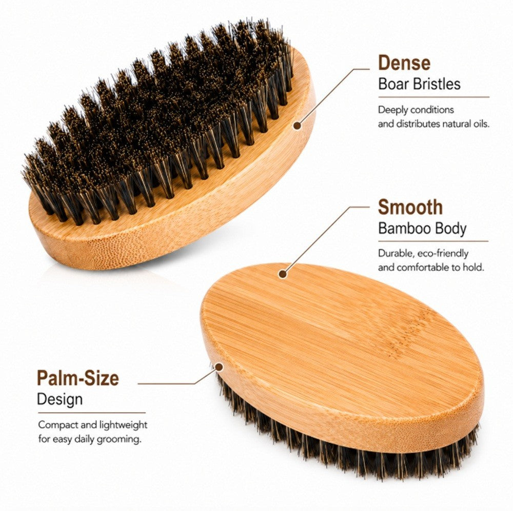 Men's Boar Bristle Beard & Mustache Brush with Wooden Handle - Travel Size Grooming Tool