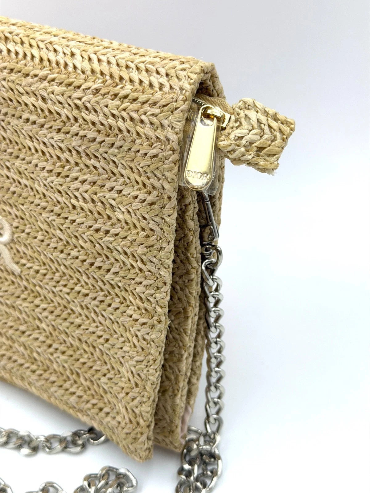 Straw Raffia Cosmetic Pouch with Silver Chain - Travel & Makeup Bag