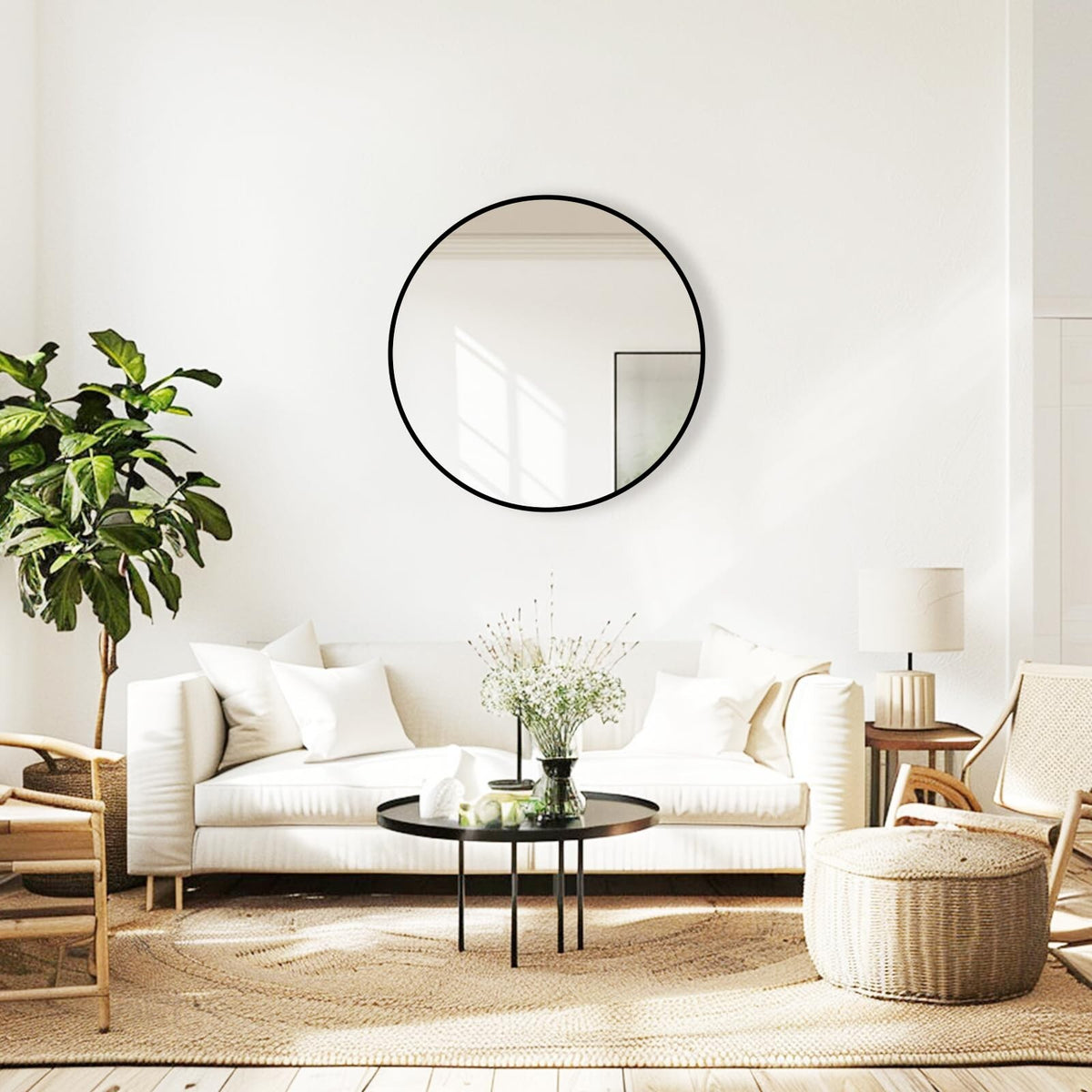 Round Wall Mirror 20 Inch Black Aluminum Frame - Modern Circle Wall Mirror