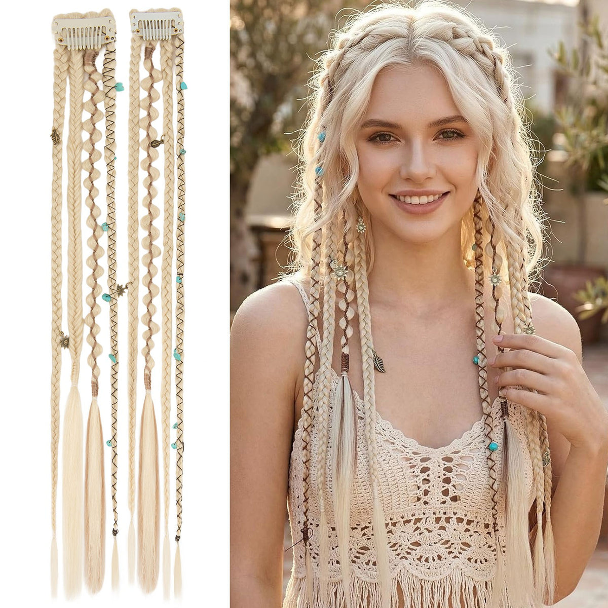 Boho Clip-In Dreadlocks Hair Extensions with Beads & Charms - Festival Style