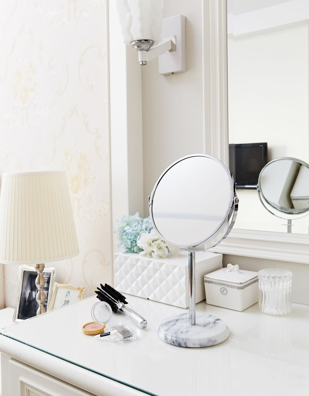 White Marble Vanity Mirror - 13.5-Inch Tabletop Makeup Mirror