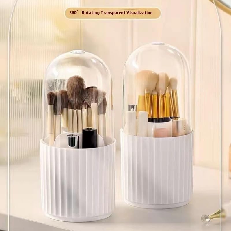 Rotating Makeup Brush Organizer with Lid - 360° Spin Storage