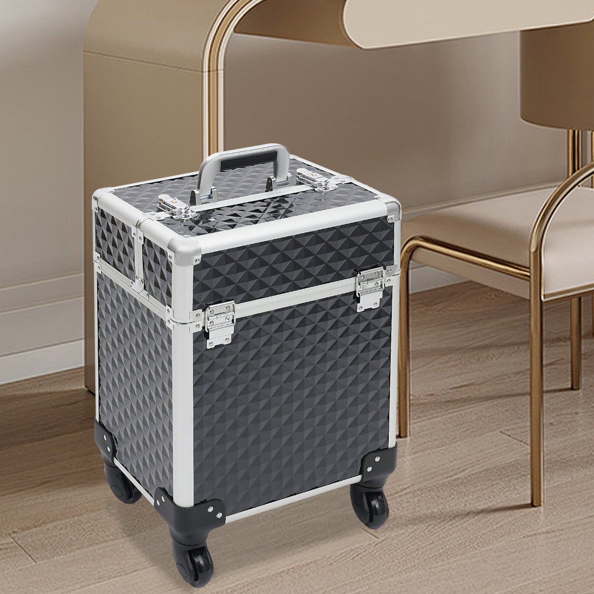 Professional Aluminum Makeup Train Case with Wheels & Locking Latches