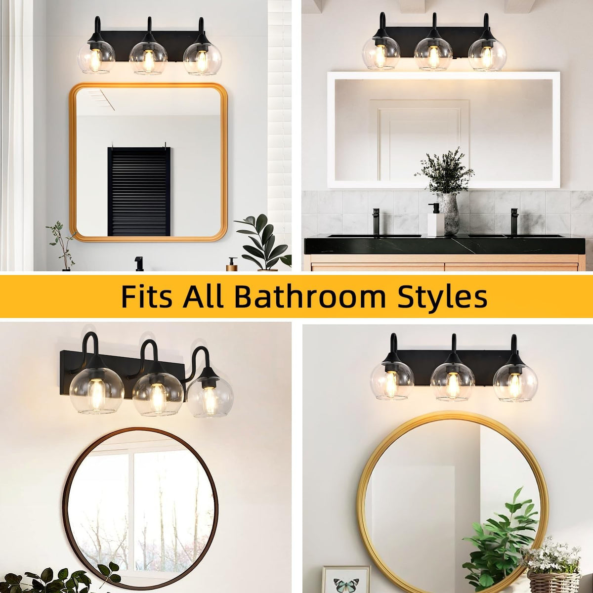 3-Light Matte Black Bathroom Vanity Light with Glass Globe Shades