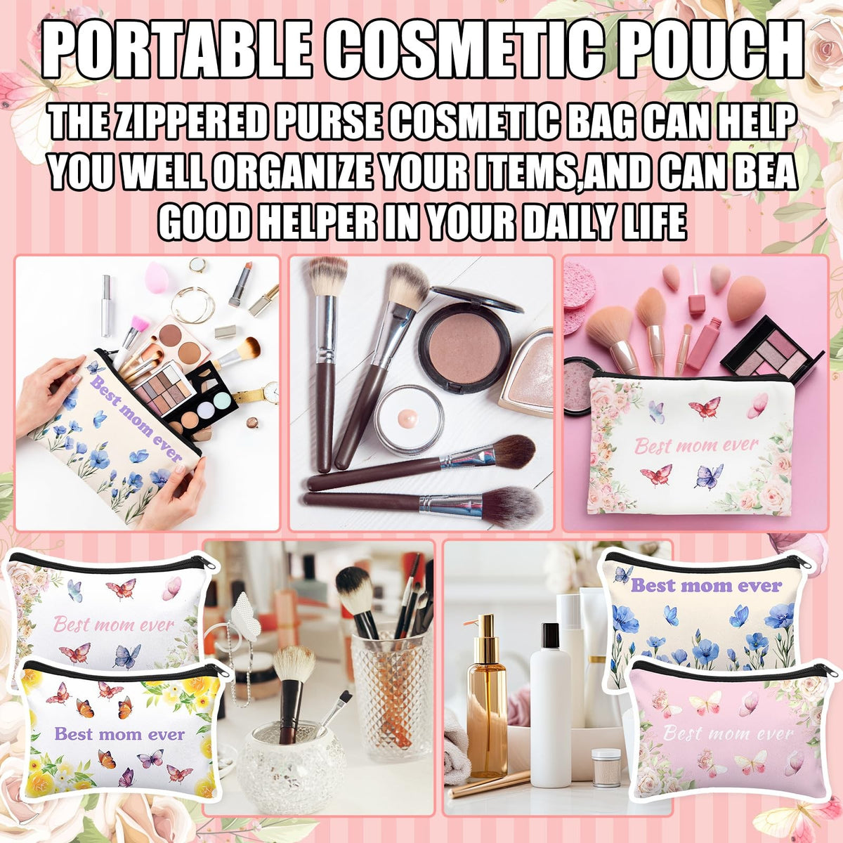10-Pack Multicolor Mom Ever Makeup Bags Gift Set - 9x6 Inches