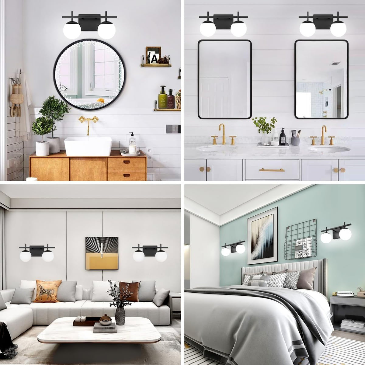 Modern Black Bathroom Vanity Light Fixture with White Frosted Glass - 2 Light
