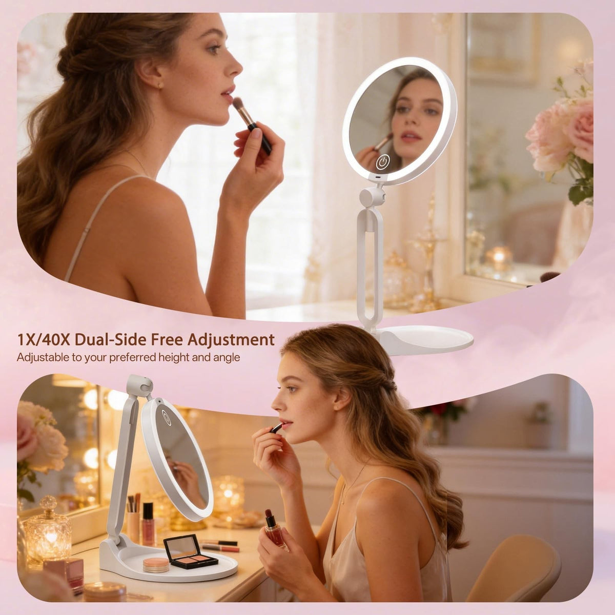 Travel Makeup Mirror with Lights 40X Magnification Dual-Sided Foldable & Dimmable