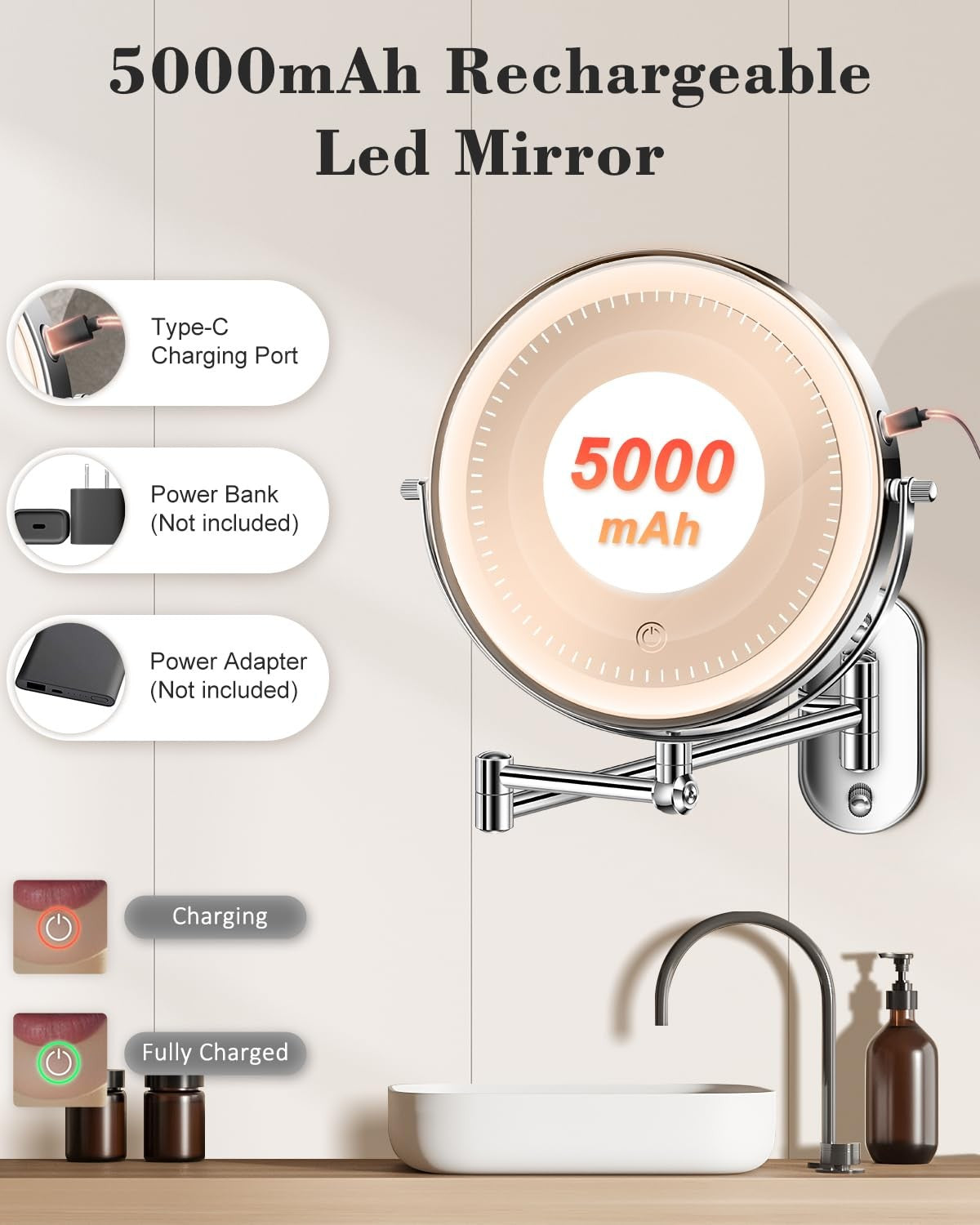 9-Inch Wall Mounted Makeup Mirror with LED Lights, 20X Magnification, Rechargeable & Adjustable Arm