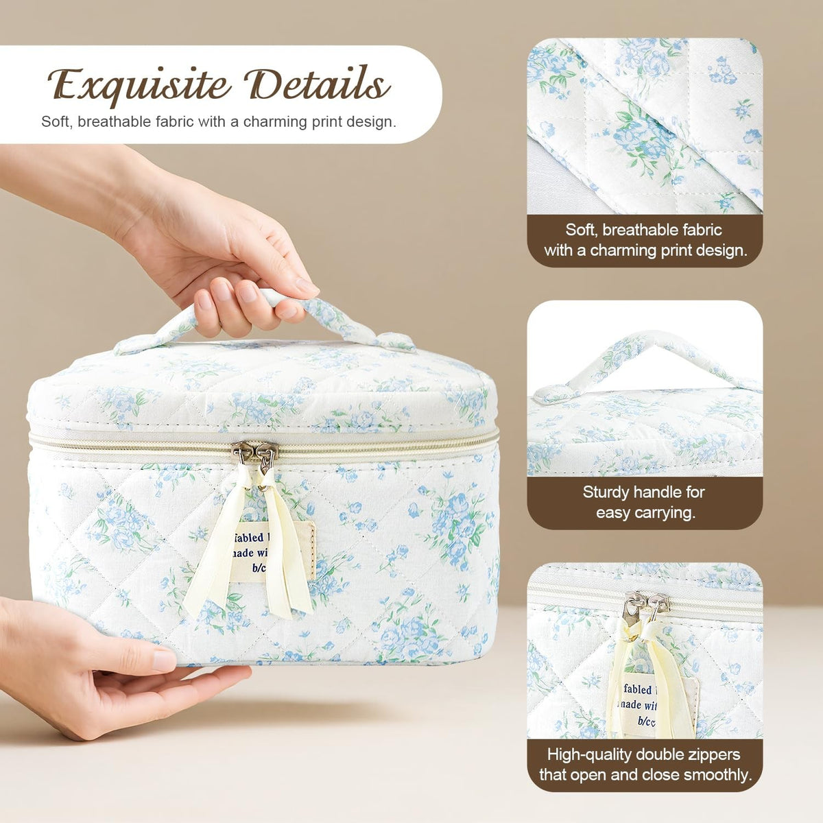 Cotton Quilted Floral Makeup Bag Set – 3Pcs Large Cosmetic Bags for Women
