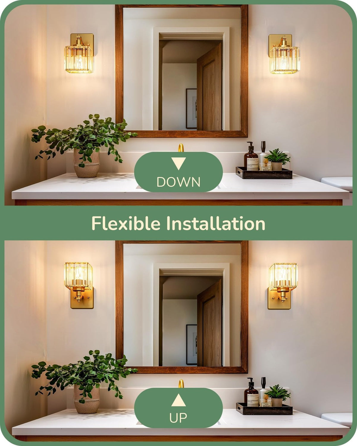 Modern Bathroom Vanity Light Set with Crystal Shades - Gold Wall Sconces