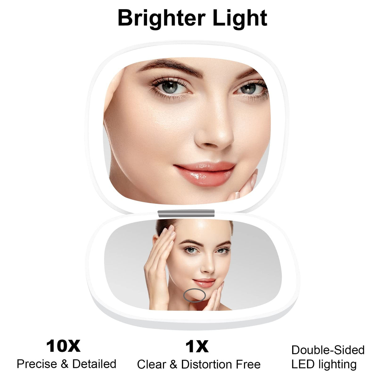 Rechargeable Lighted Compact Makeup Mirror with 1X/10X Magnification and Dimmable LED Lights