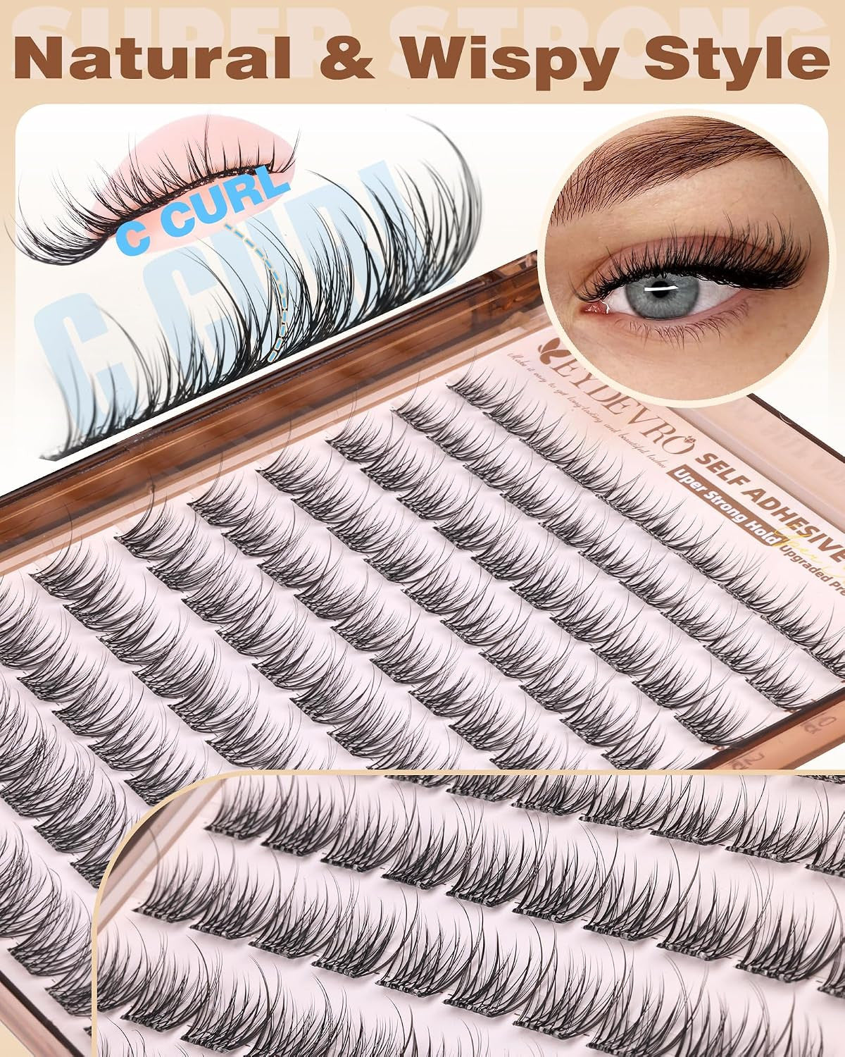 Self Adhesive Eyelashes Wispy Clusters Long-Lasting Waterproof Natural Look