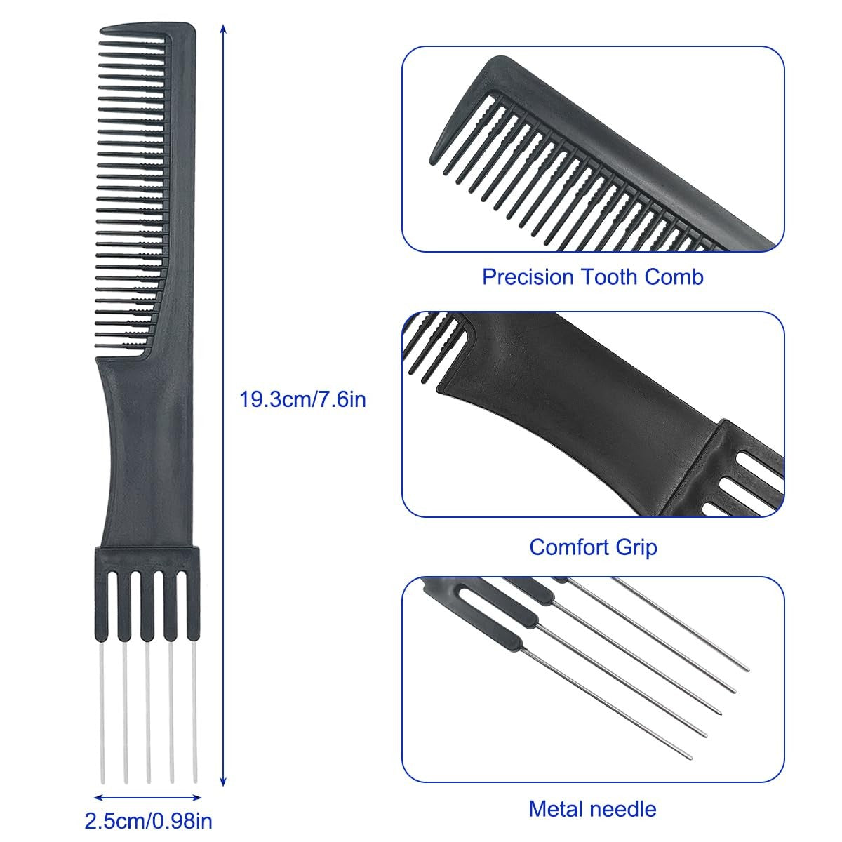 Black Metal Teasing Combs Set with Stainless Steel Back - Hair Styling Tools