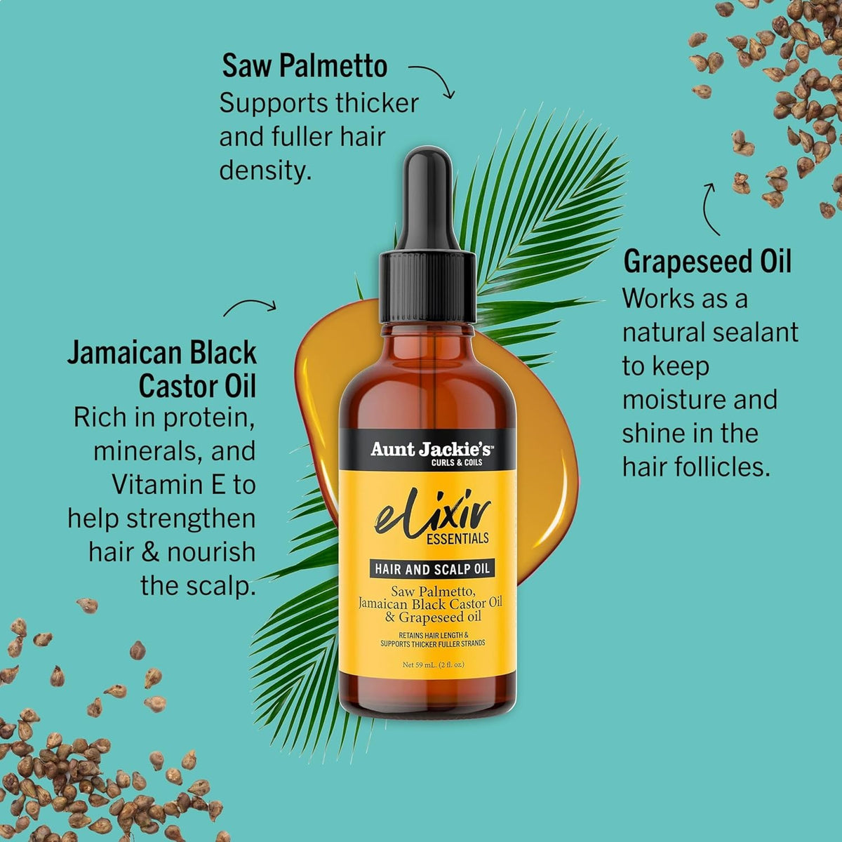 Hair & Scalp Oil with Saw Palmetto & Jamaican Black Castor Oil - Moisturizing & Hair Growth - 2 oz
