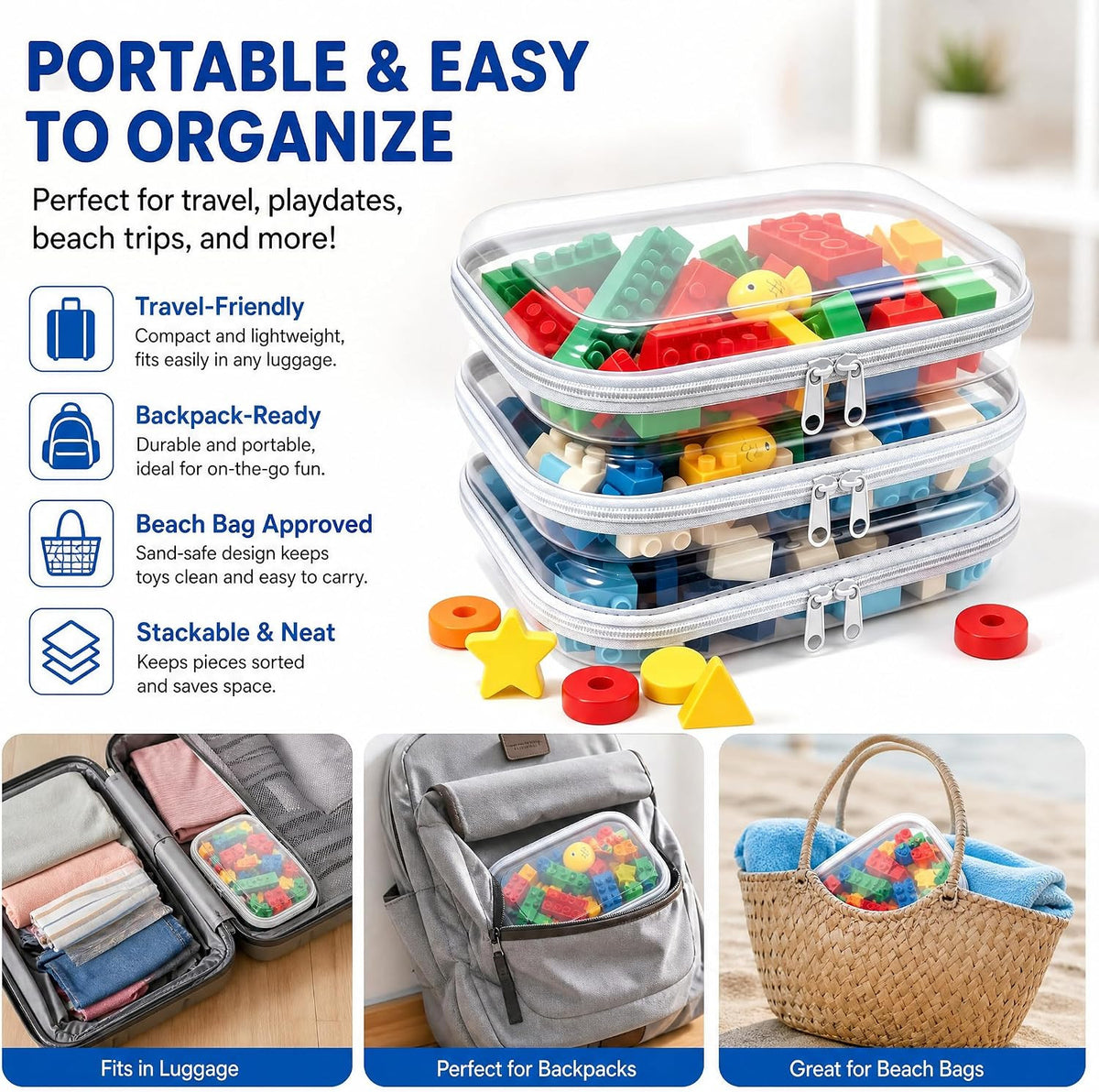 Clear Hard Plastic Zipper Storage Case Set - Portable Travel Organizer with 3 Pouches