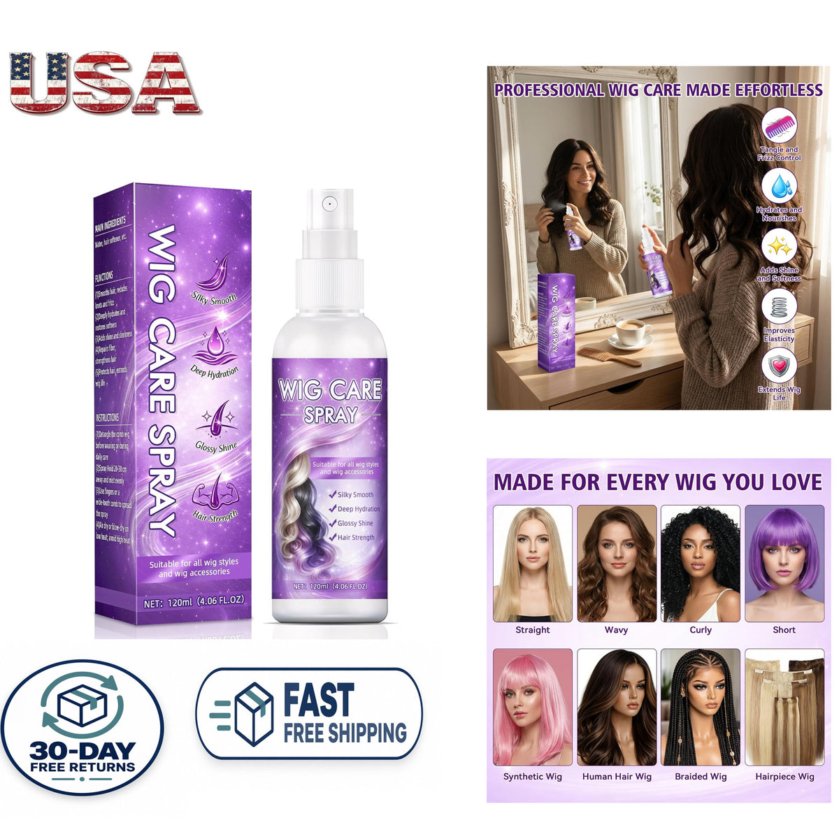 Wig Spray for Synthetic & Human Hair - Frizz Control, Shine & Detangling