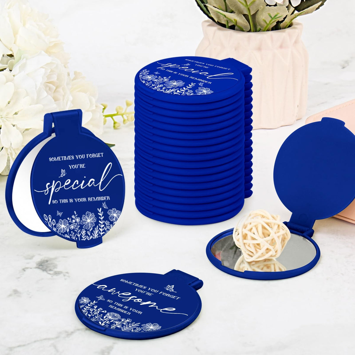 100 Pcs Blue Compact Mirror Set – Pocket Folding Makeup Mirrors with Messages