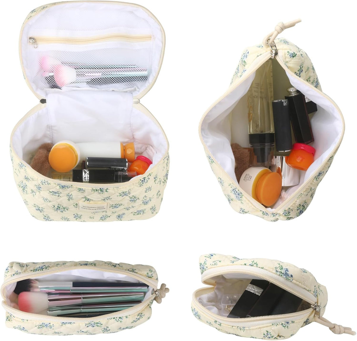Large Cotton Quilted Makeup Bag - Travel Cosmetic Organizer with Floral Design