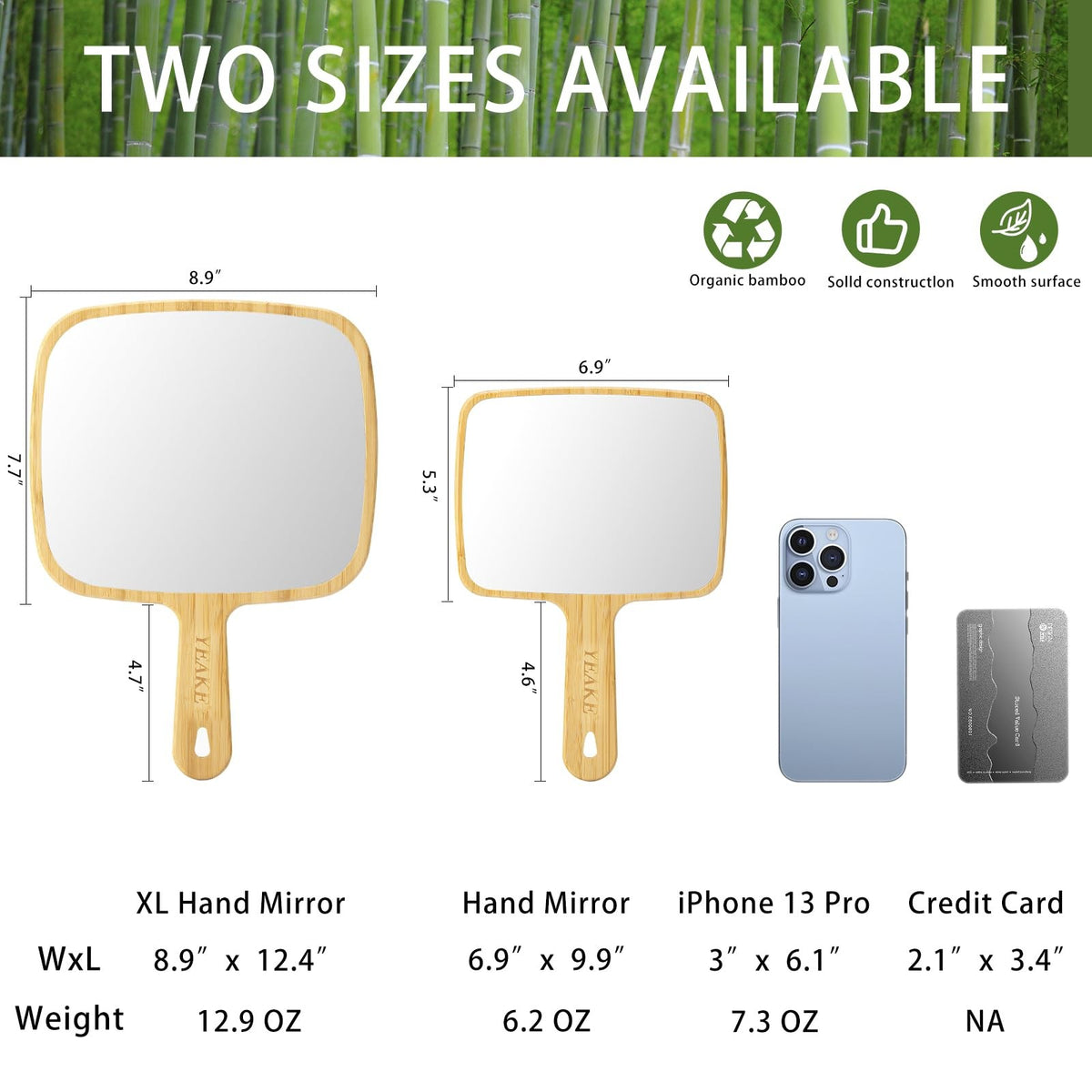 Natural Bamboo Hand Mirror with Handle - Portable & Large Viewing Area