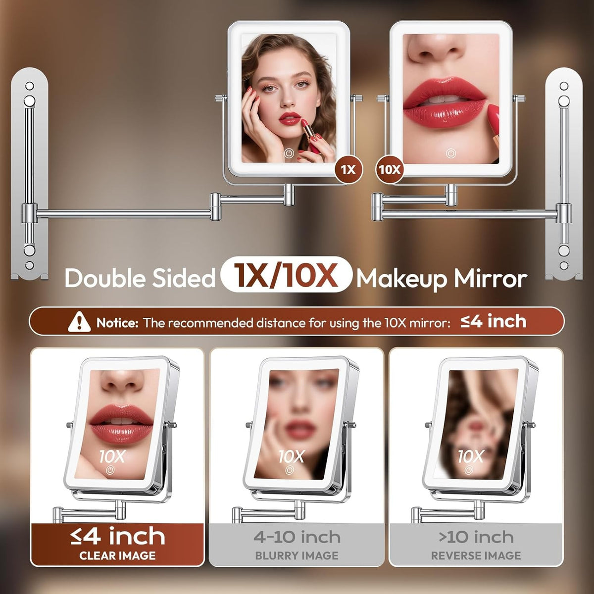 Height Adjustable Wall Mounted Lighted Makeup Mirror with 10X Magnification