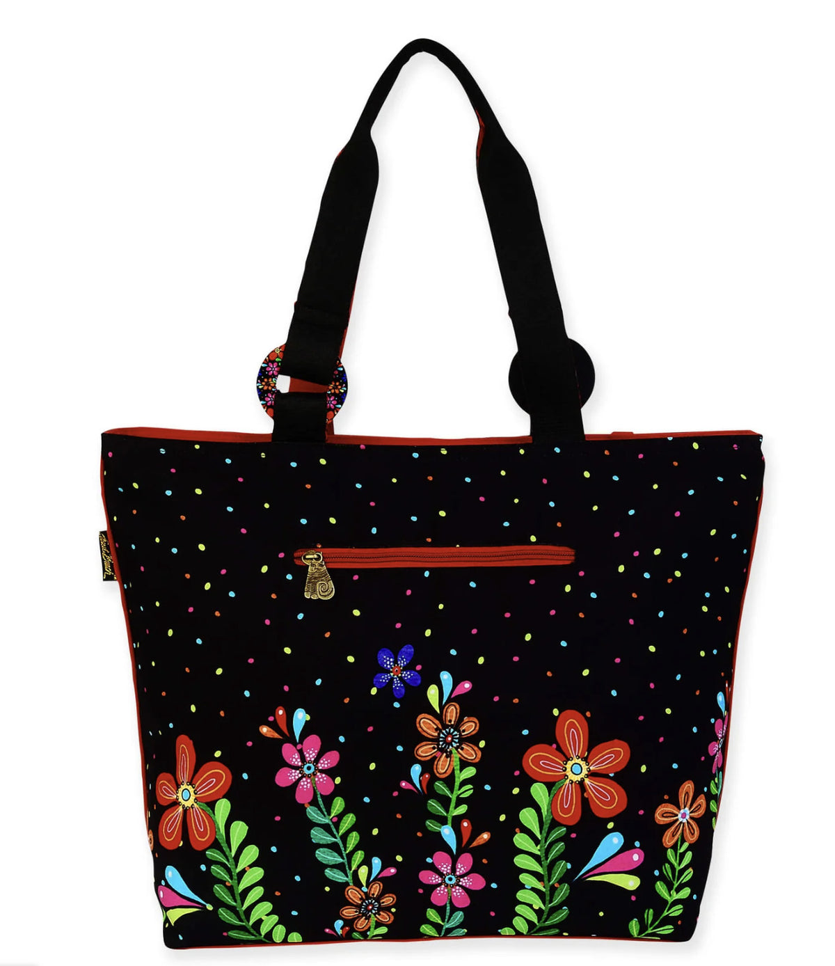 Large Canvas Tote Bag with Feline Artwork and Colorful Details