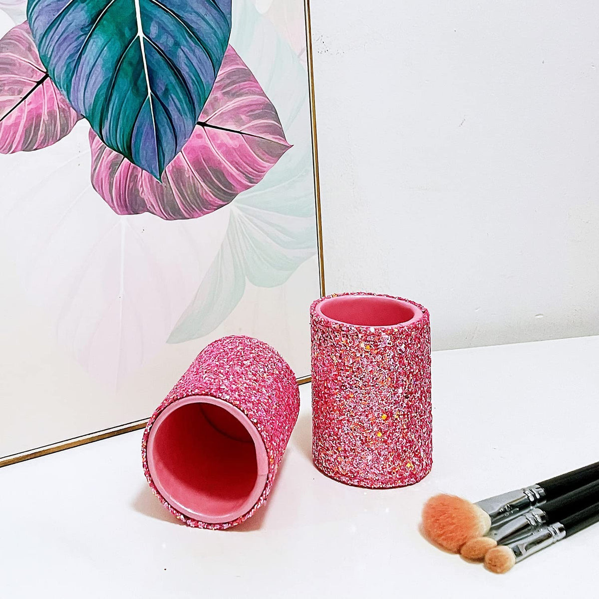 Bling Sequin Makeup Brush Holder - Pink Glitter Vanity Organizer