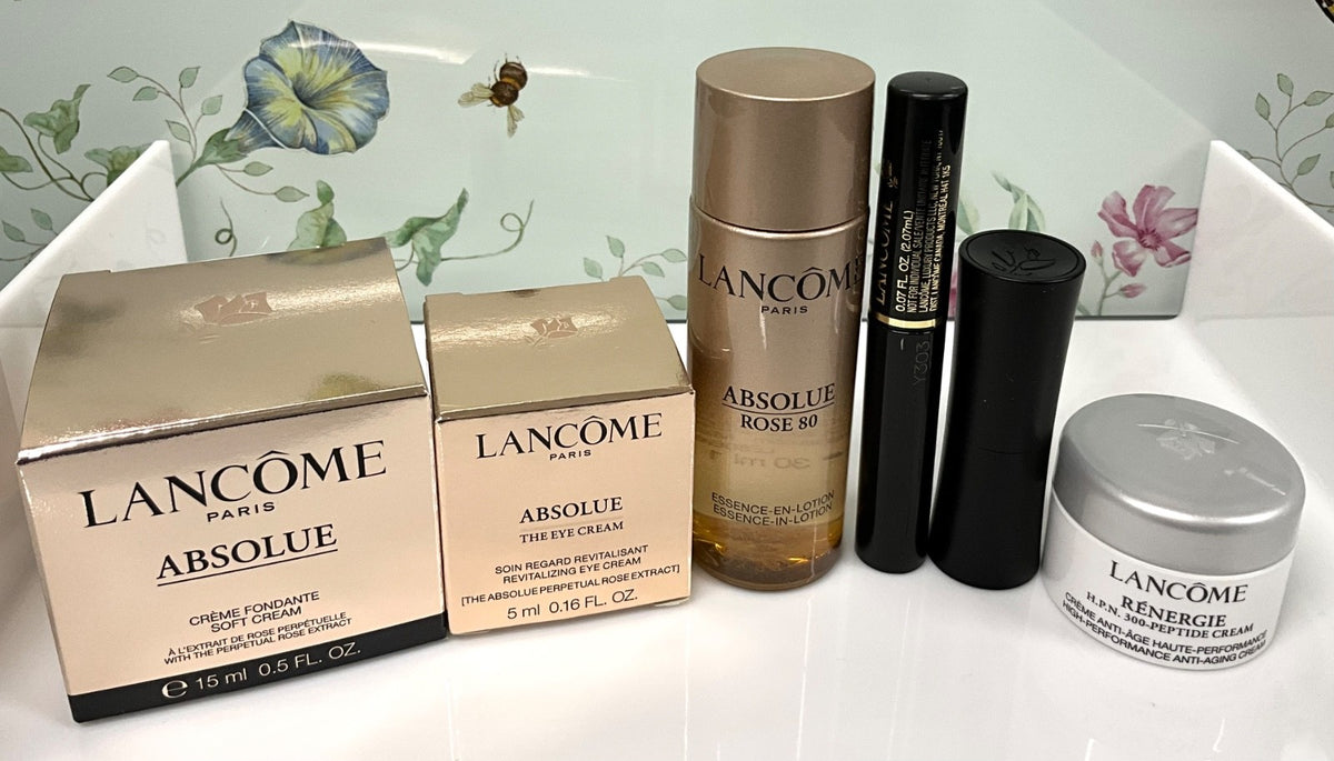 Lancôme 7-Piece Skincare & Makeup Set with Makeup Bag - Absolue, Lipstick, Mascara