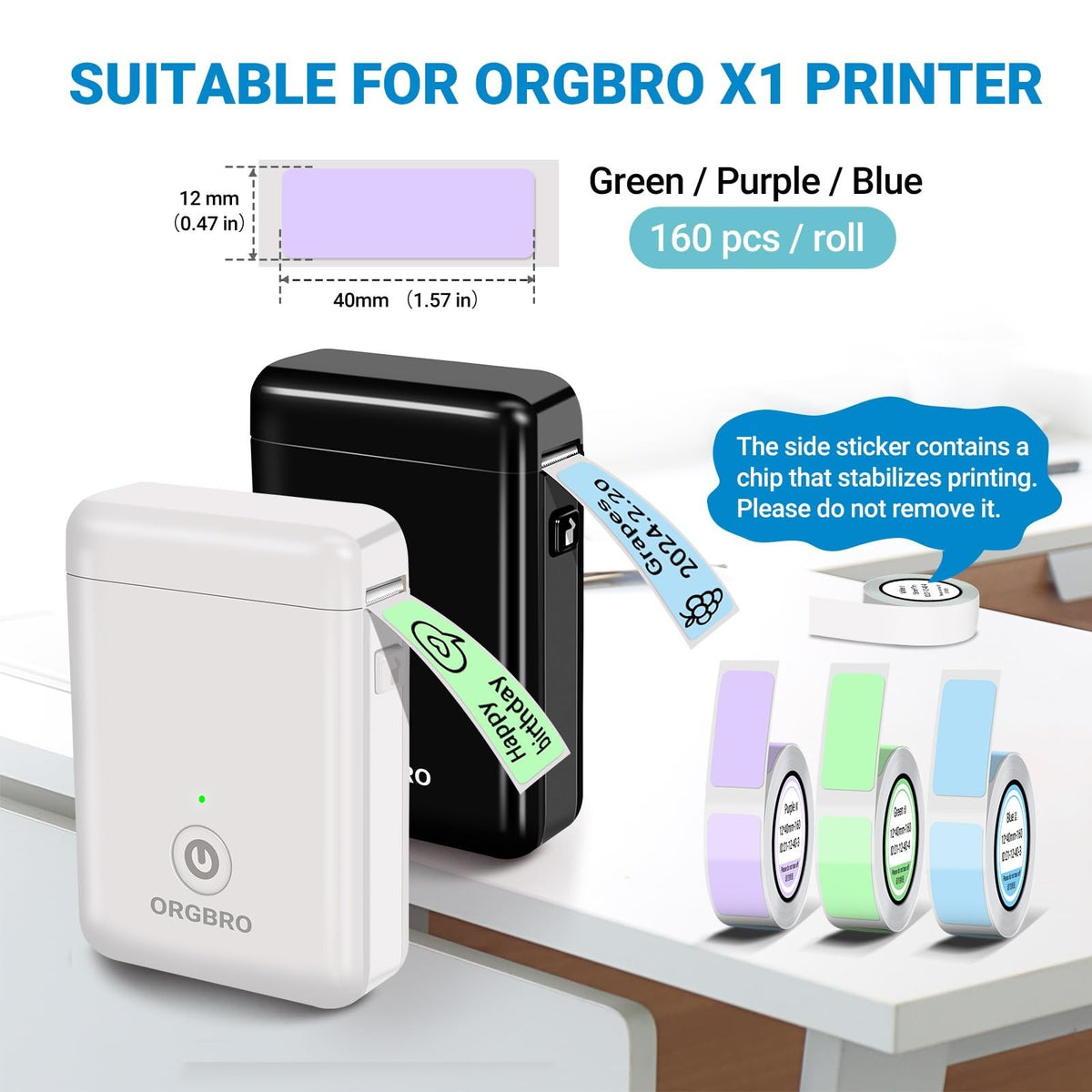 Thermal Label Maker Tape 0.47×1.57 Inch, Eco-Friendly Waterproof Labels - Green, Purple, Blue, 160 Labels/Roll, 3 Rolls