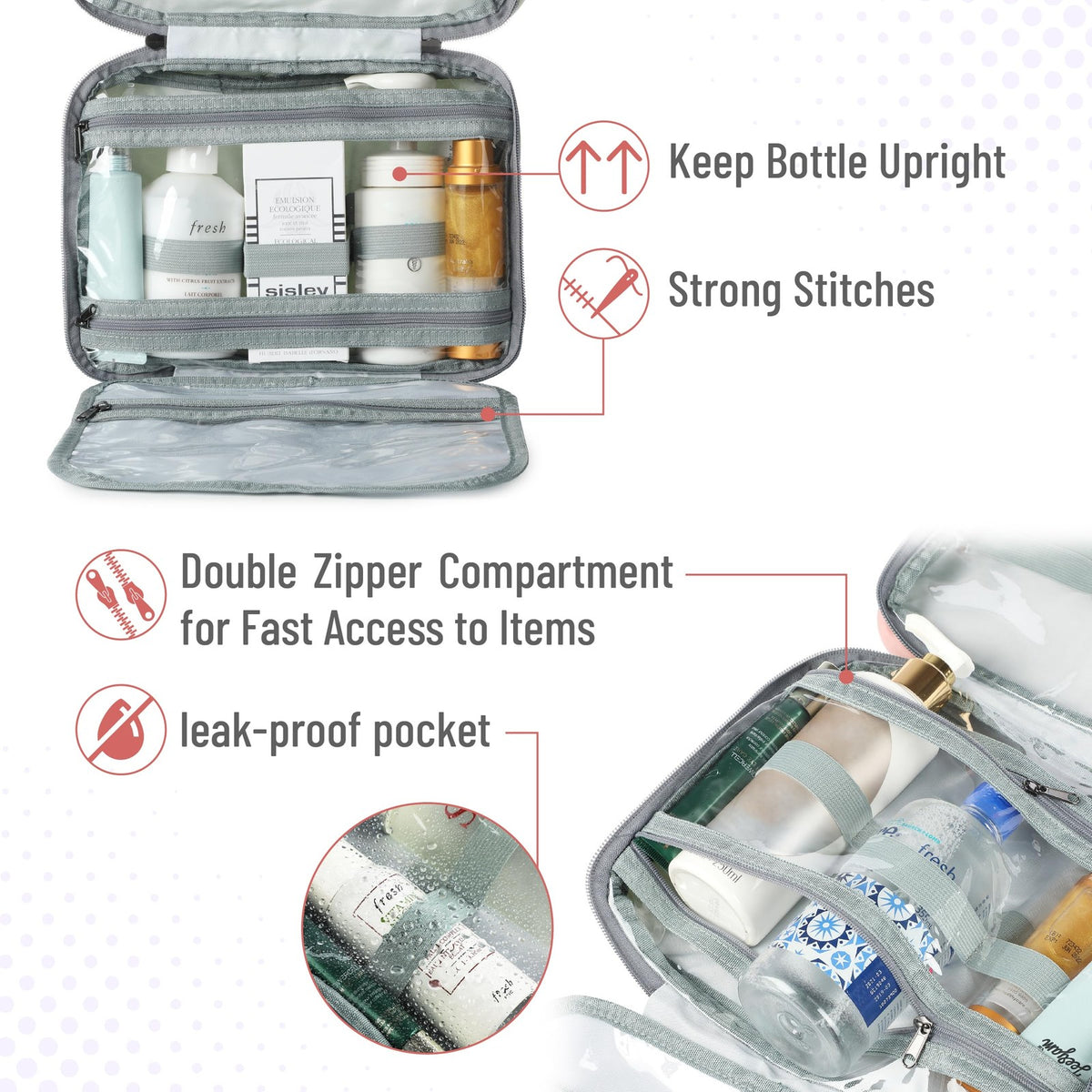 Water-Resistant Travel Toiletry Bag with Hanging Hook and Multiple Compartments - Baby Pink