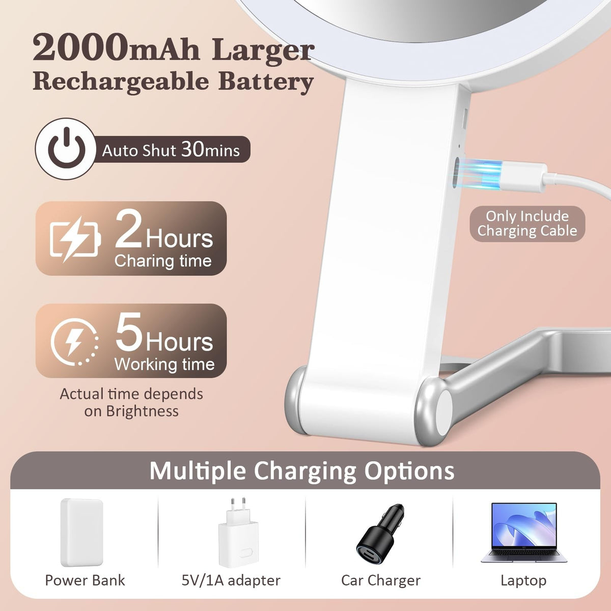 Travel Makeup Mirror with Lights and Magnification - 15X/1X Double Sided Portable LED Mirror, Dimmable Touch, White
