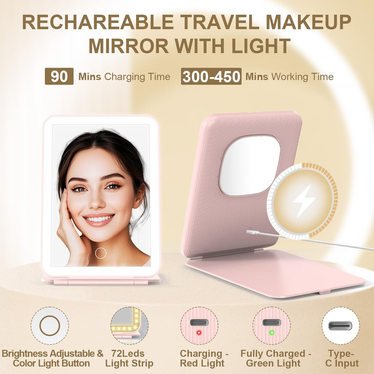 LED Foldable Travel Makeup Mirror - 5x6 Inch Touch Screen with 3 Light Modes