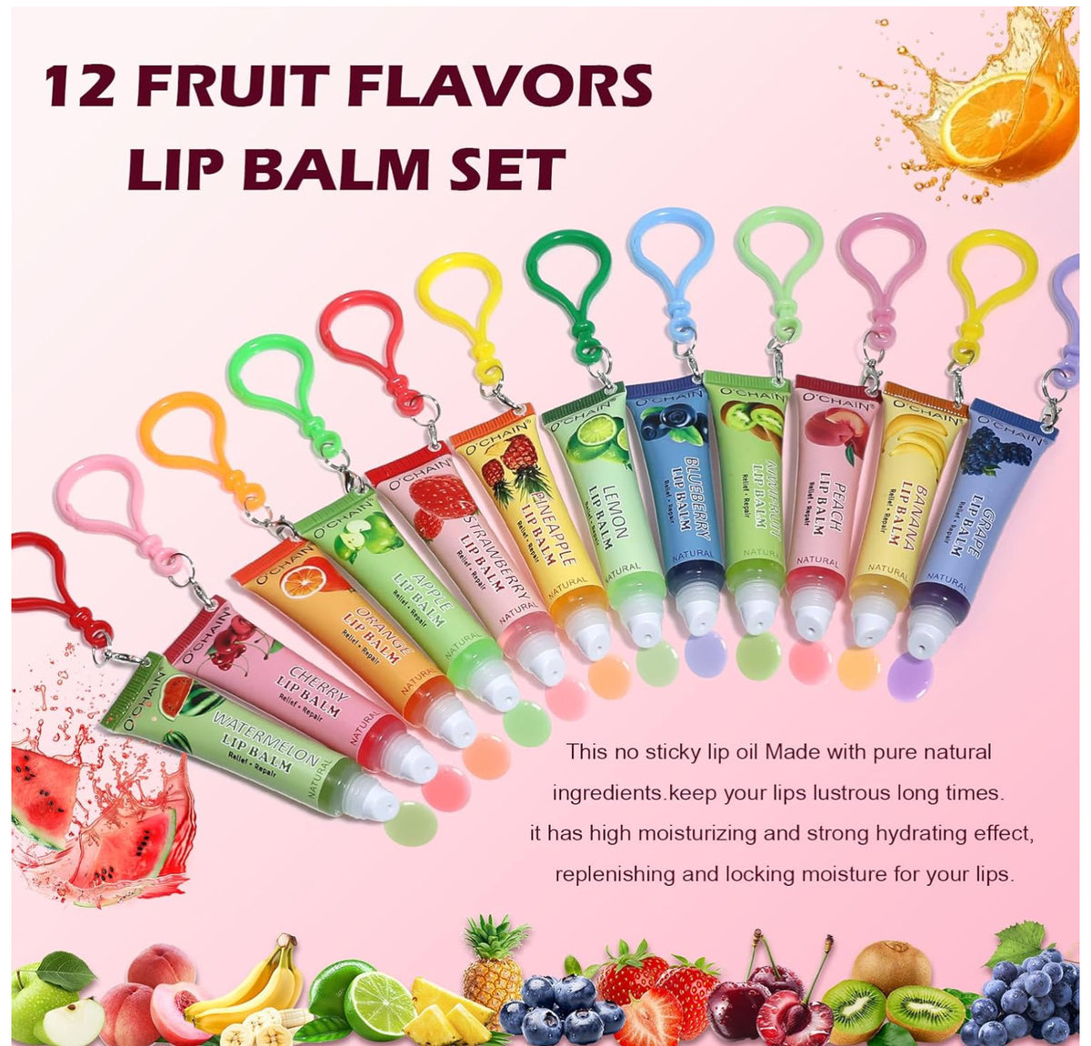 12 Flavors Lip Balm Set with Keychain - Moisturizing Vitamin E Lip Care