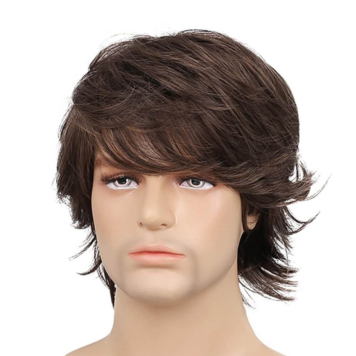 Mens Brown Short Layered Wavy Heat-Resistant Synthetic Wig for Cosplay & Casual