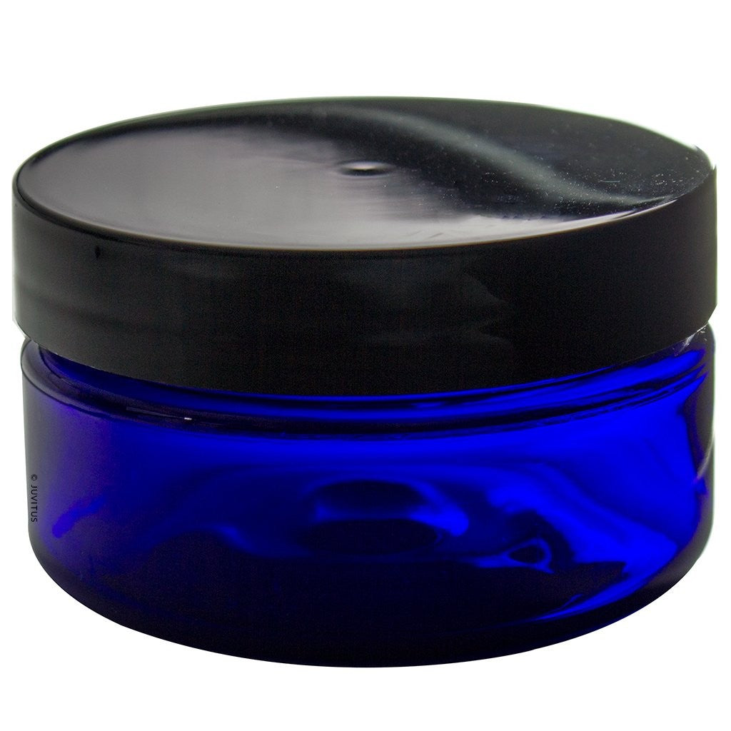 6 Pack 2oz Cobalt Blue Refillable Plastic Jars with Black Lids - Heavy Wall