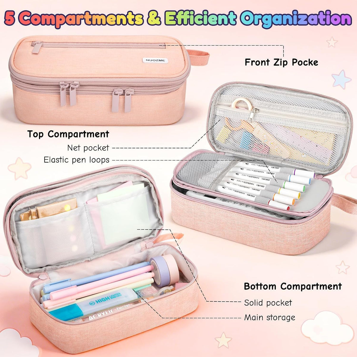 Large Capacity Double Layer Pencil Case with 5 Compartments and Zipper - Canvas Stationery Organizer