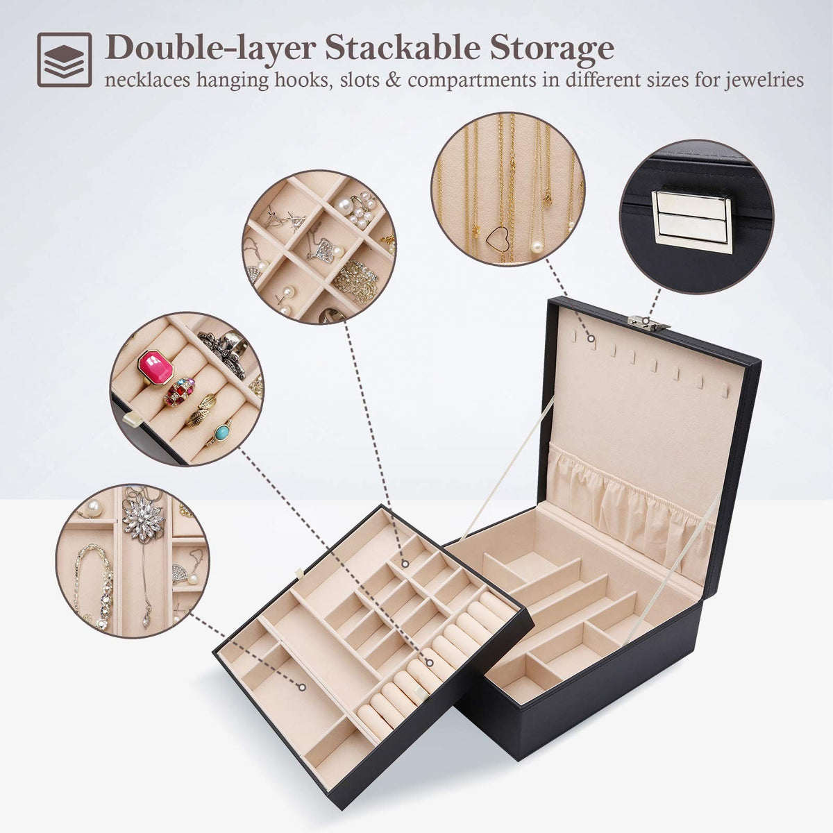 Large 2-Layer Jewelry Box Organizer for Women, 10.43 x 3.54 Inches, Black