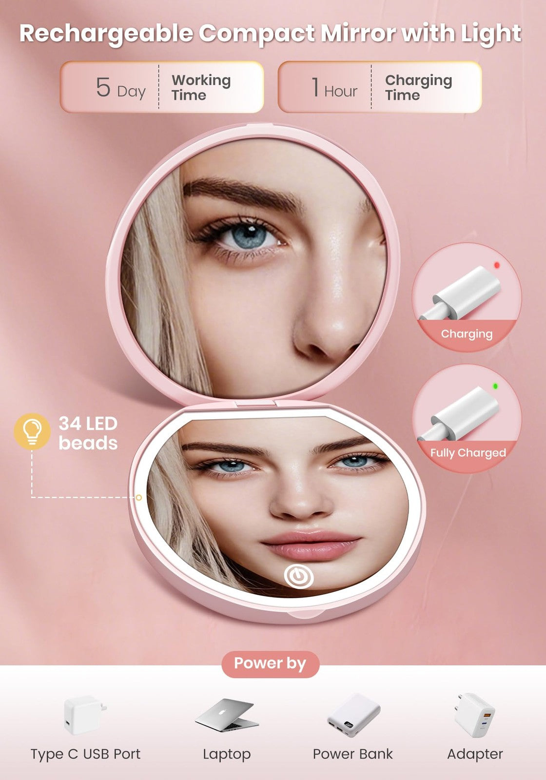 Rechargeable Lighted Makeup Mirror with 40X Magnification & Dimmable LED Lighting - Compact Travel Mirror, Pink