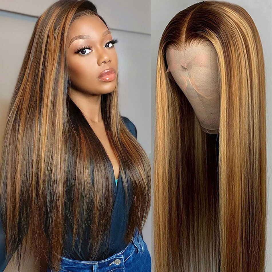 Long Straight Ombre Brown Human Hair Wig - Brazilian Full Lace Front