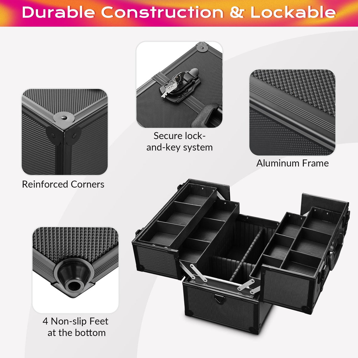 Large Aluminum Makeup Train Case with 4-Tier Trays and Lockable Storage