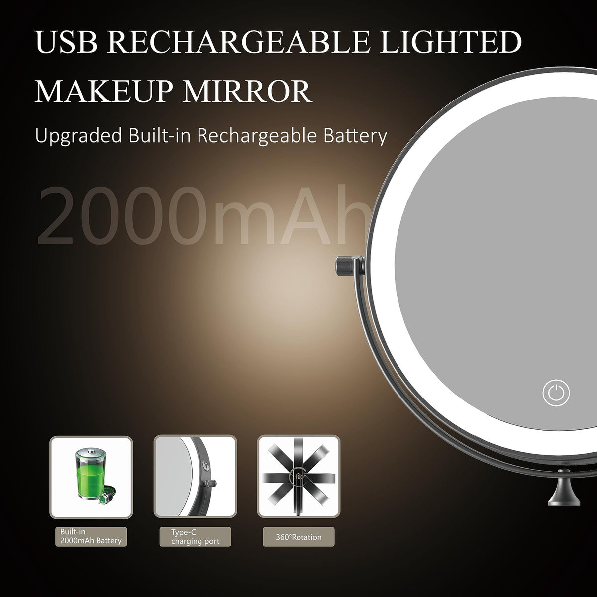 Rechargeable 8 Inch Wall Mounted Lighted Makeup Mirror with 10X Magnification and Dimmable Lighting
