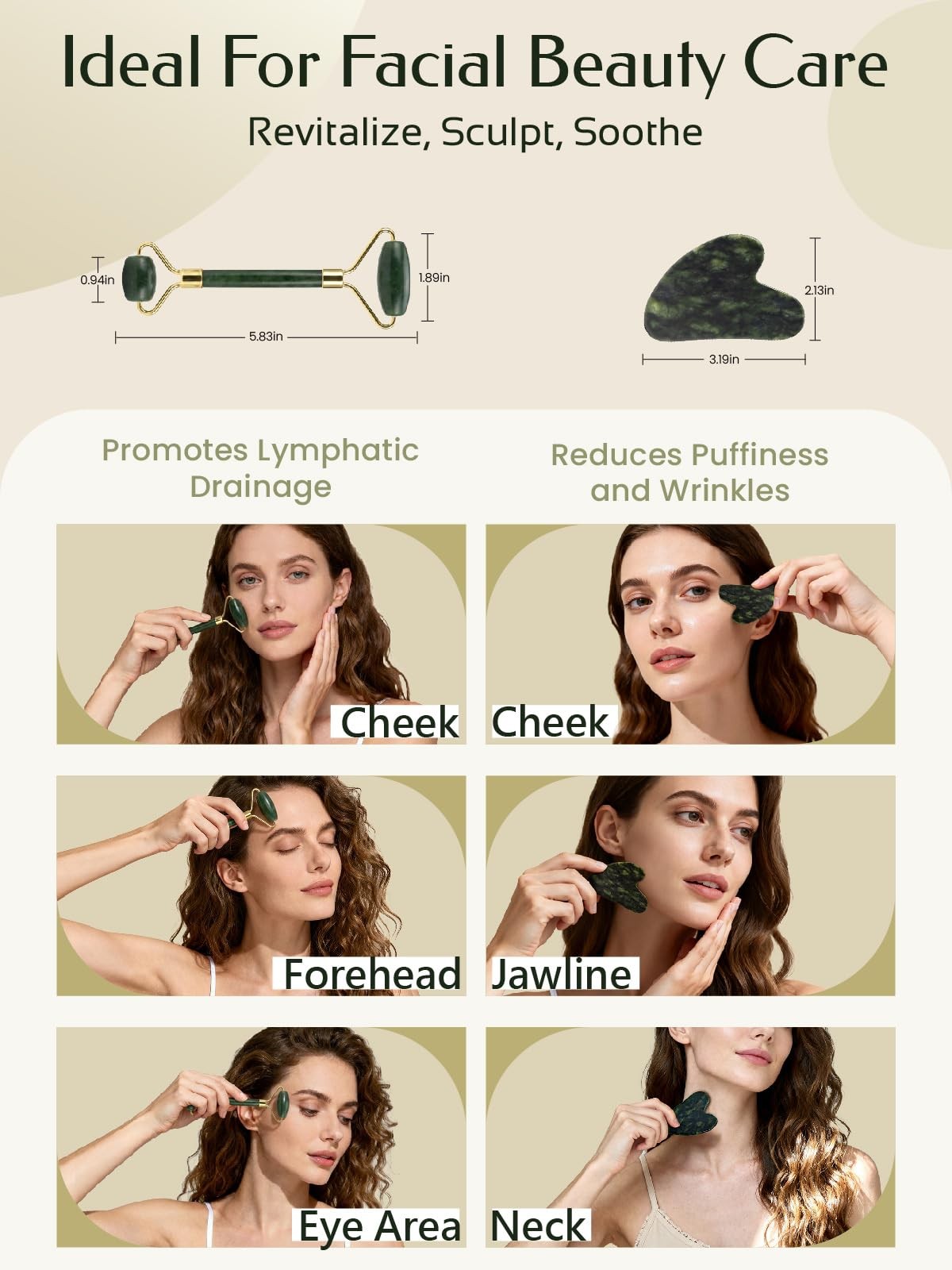 Face Roller & Gua Sha Set - Jade Facial Massage Tools for Self Care, 2 Pieces